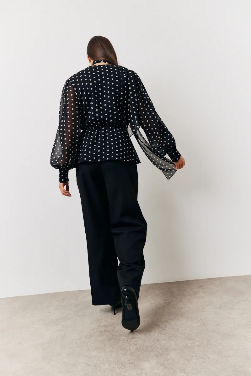 Black Polka Dot Tie Neck Blouse - Image 3