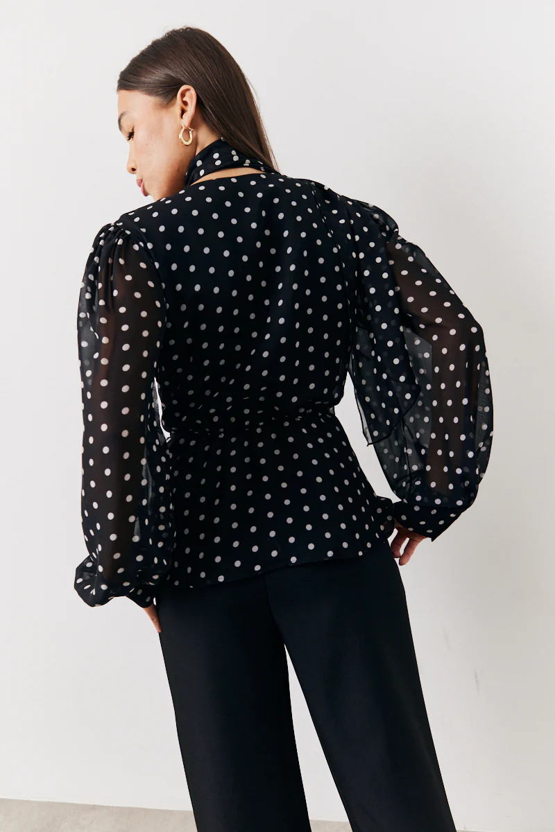 Black Polka Dot Tie Neck Blouse - Image 4