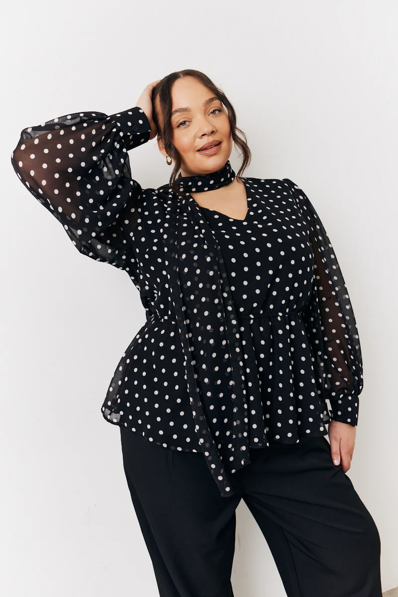 Black Polka Dot Tie Neck Blouse - Image 5