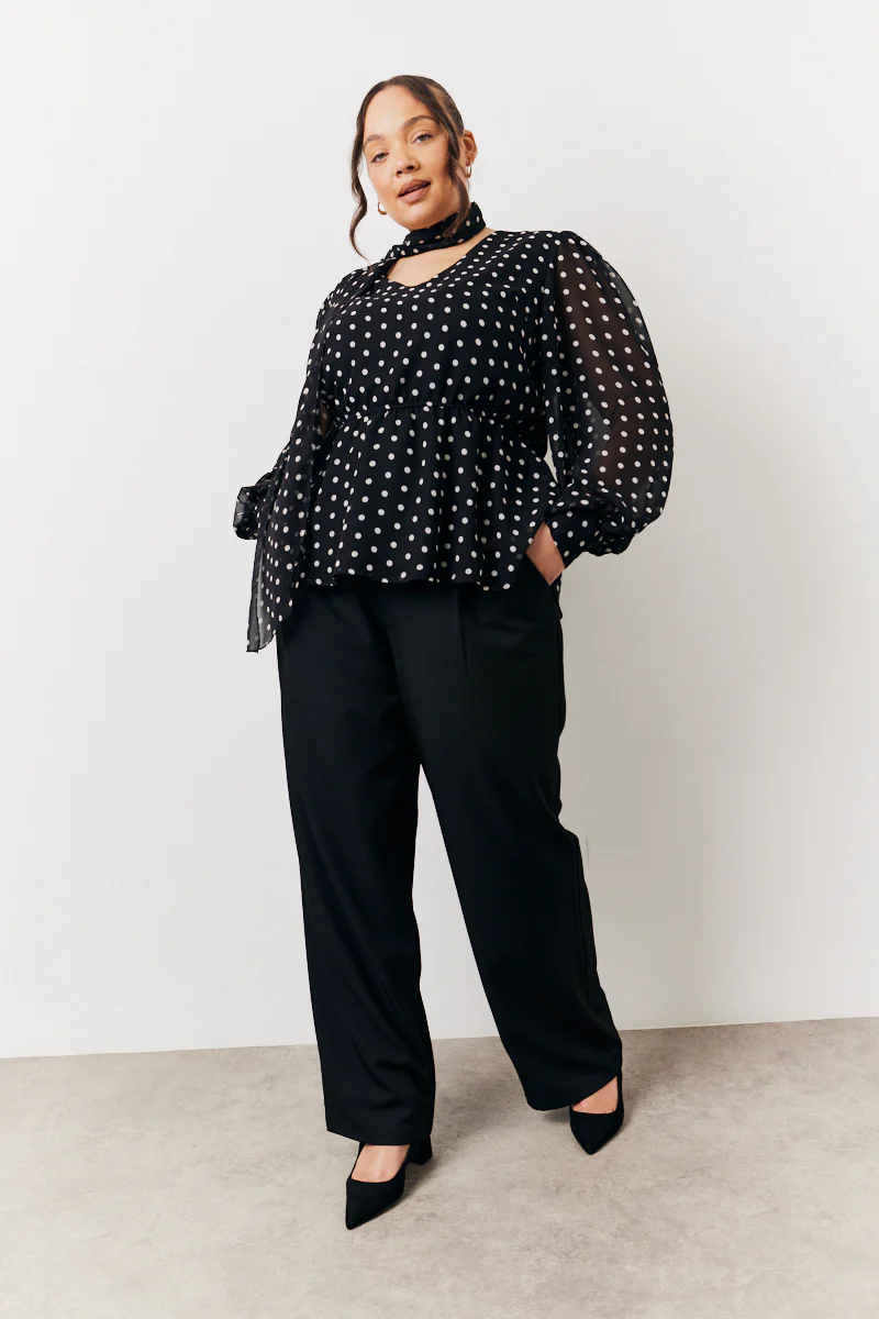 Black Polka Dot Tie Neck Blouse - Image 6