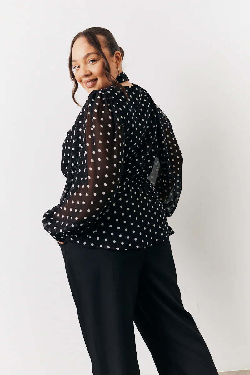 Black Polka Dot Tie Neck Blouse - Image 7