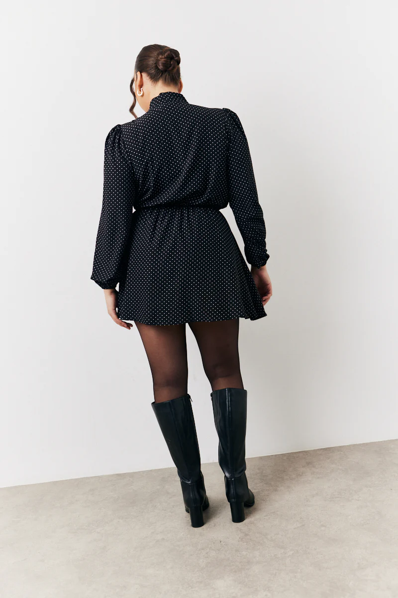 Black and White Polka Dot Mini Dress with Tie Neck - Image 3