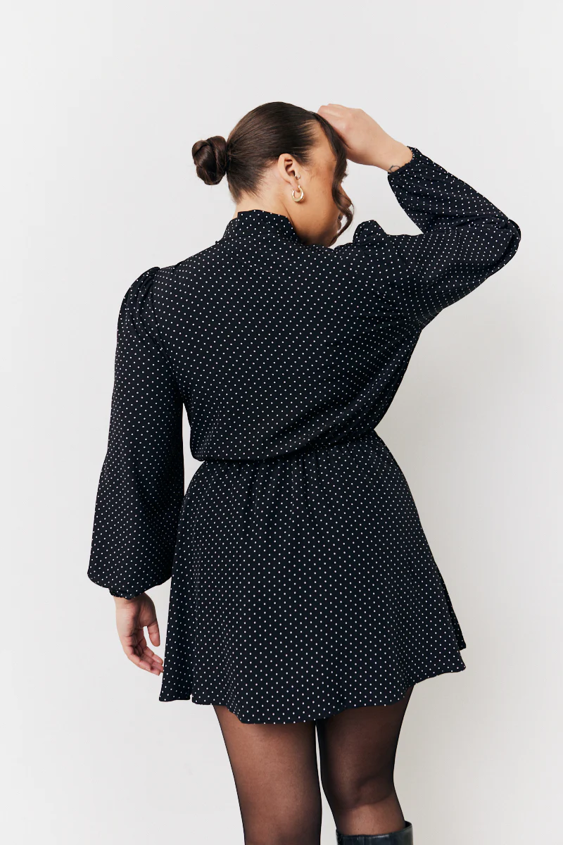 Black and White Polka Dot Mini Dress with Tie Neck - Image 4