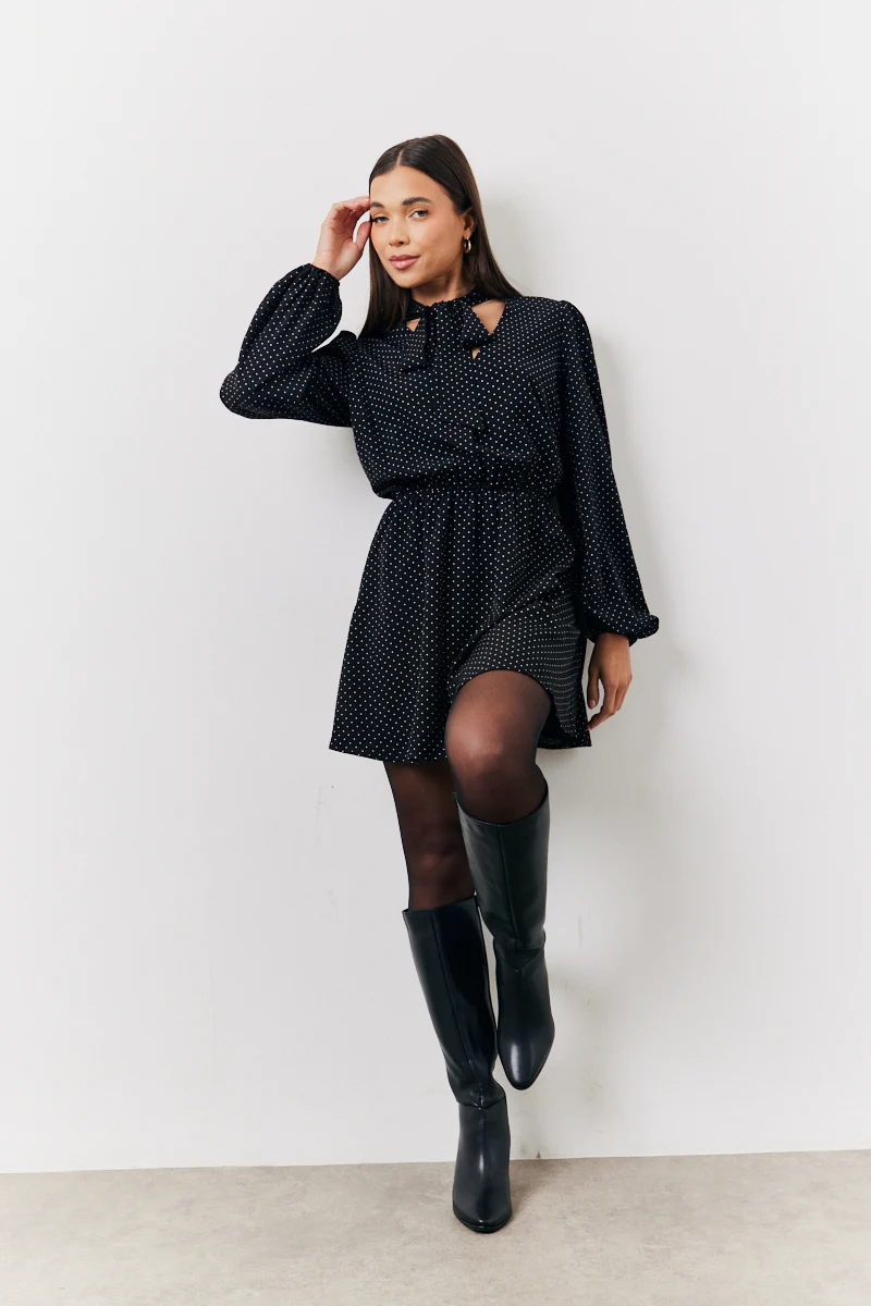 Black and White Polka Dot Mini Dress with Tie Neck - Image 5