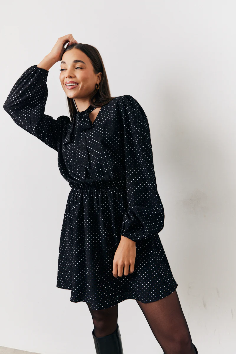 Black and White Polka Dot Mini Dress with Tie Neck - Image 6