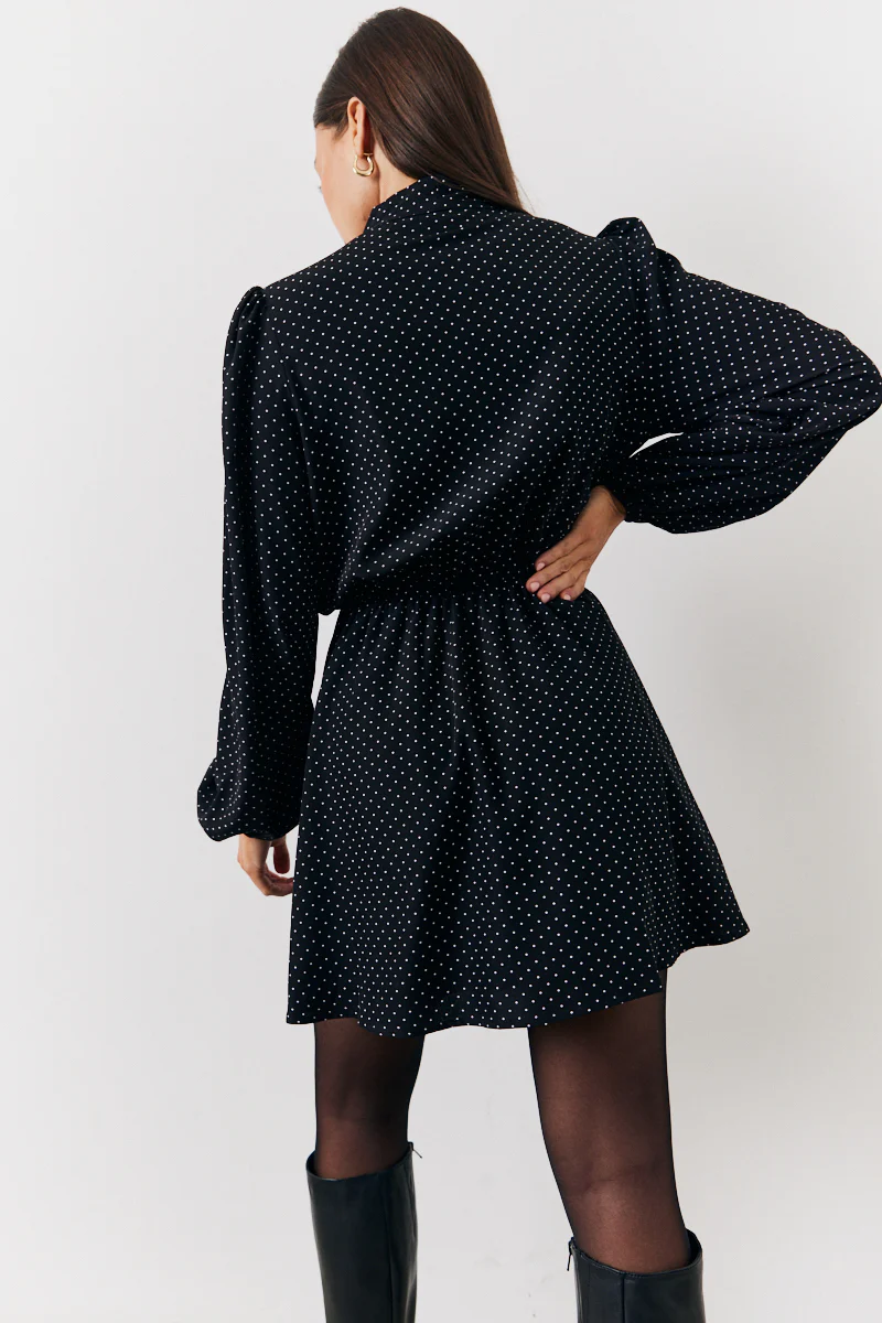Black and White Polka Dot Mini Dress with Tie Neck - Image 8