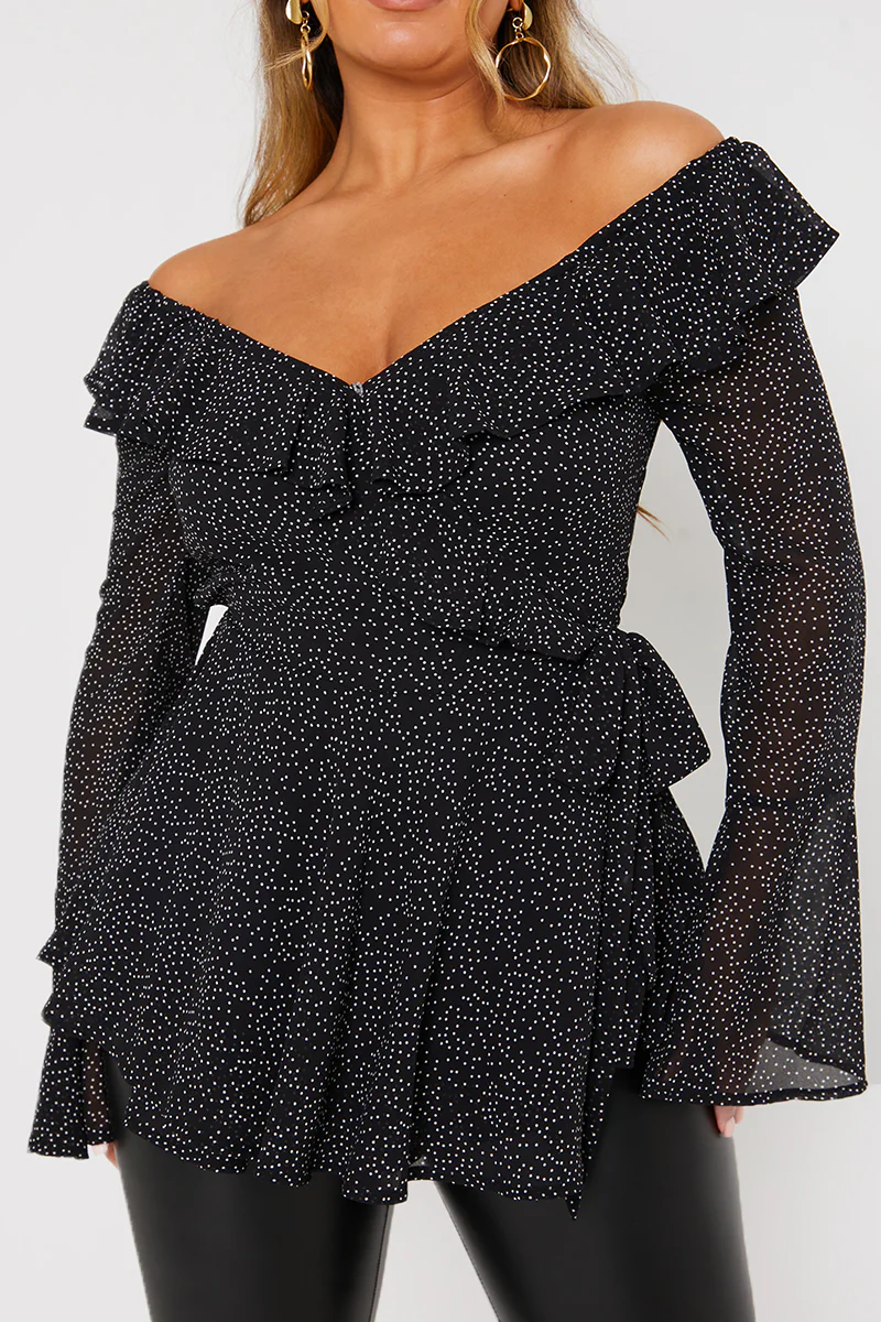 Polka Dot Print Off The Shoulder Top With Tie Waist - Image 4
