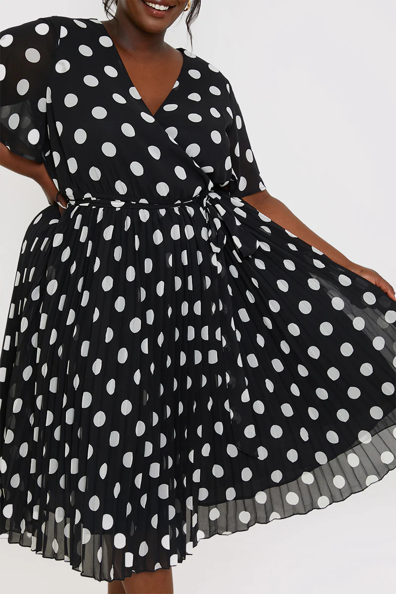 Polka Dot Print Pleated Wrap Midi Dress - Image 11