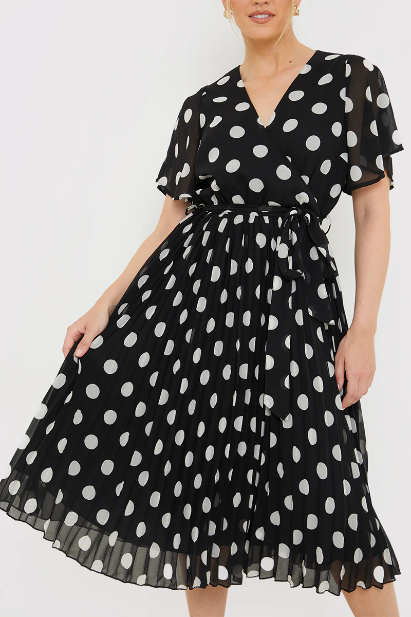 Polka Dot Print Pleated Wrap Midi Dress - Image 13