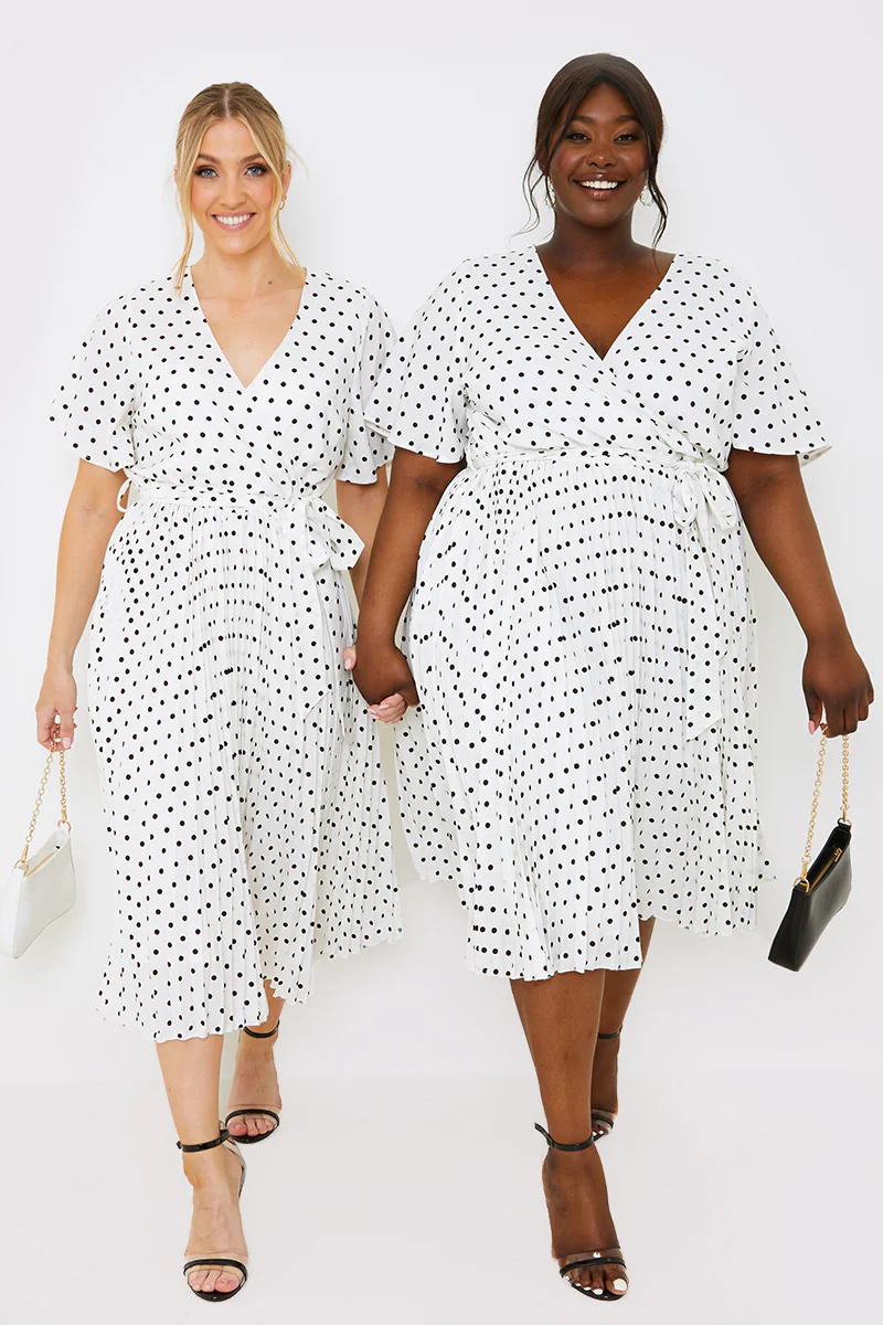Polka Dot Print Pleated Wrap Midi Dress - Image 17