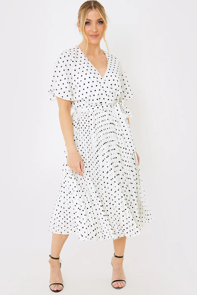 Polka Dot Print Pleated Wrap Midi Dress - Image 18