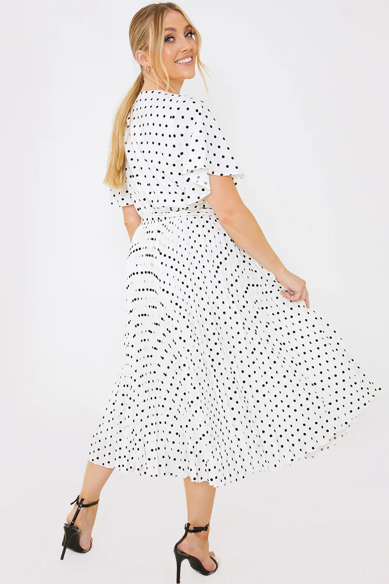 Polka Dot Print Pleated Wrap Midi Dress - Image 20