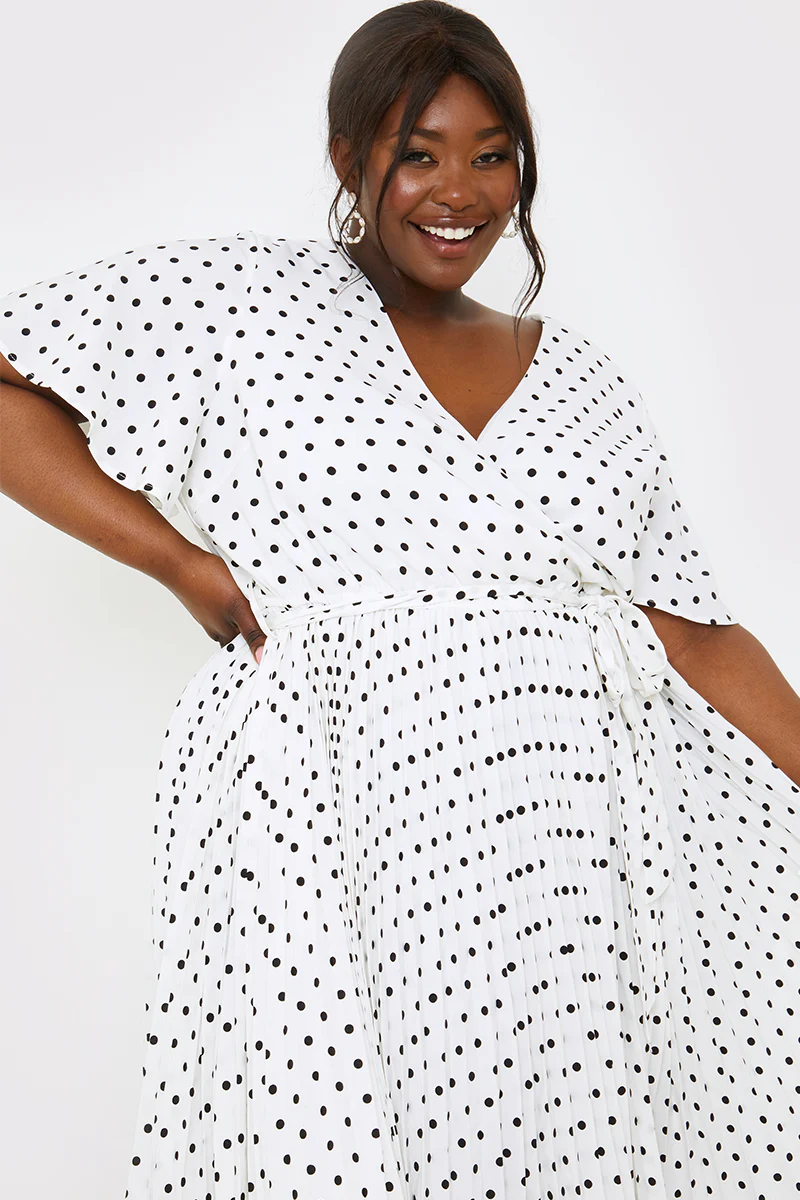 Polka Dot Print Pleated Wrap Midi Dress - Image 22