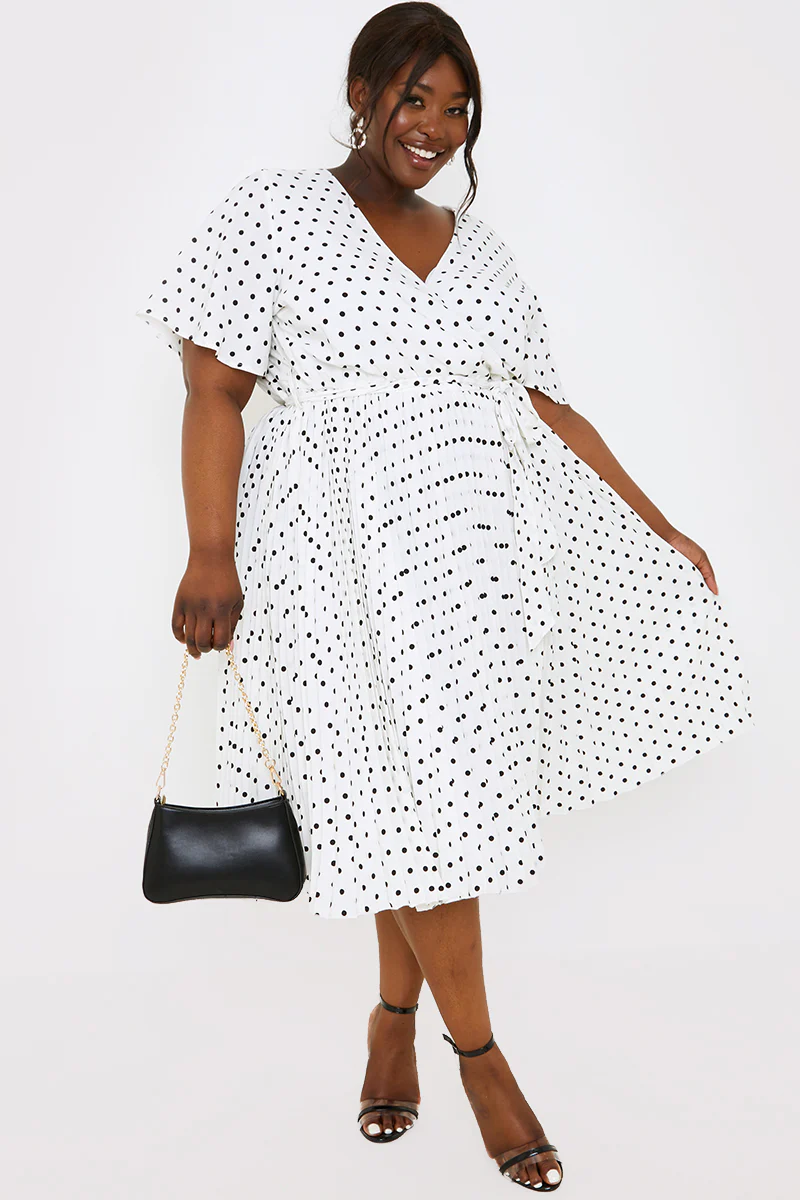Polka Dot Print Pleated Wrap Midi Dress - Image 24