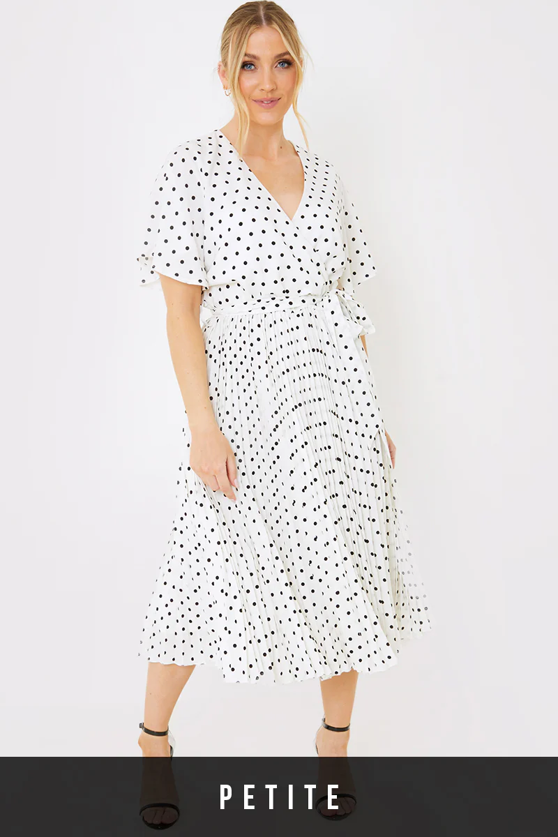 Polka Dot Print Pleated Wrap Midi Dress - Image 27