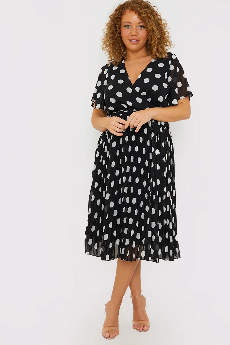 Polka Dot Print Pleated Wrap Midi Dress - Image 3