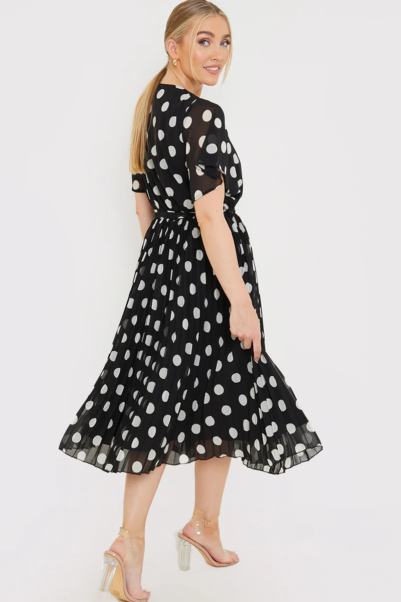Polka Dot Print Pleated Wrap Midi Dress - Image 7