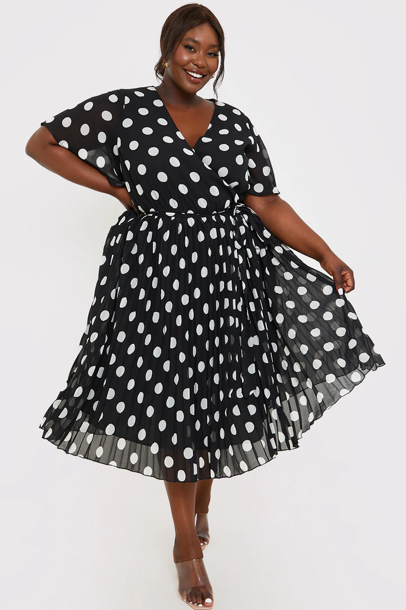 Polka Dot Print Pleated Wrap Midi Dress - Image 8