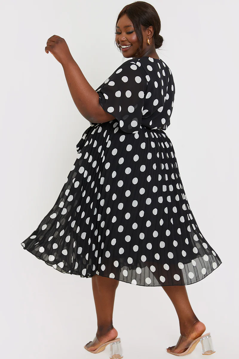 Polka Dot Print Pleated Wrap Midi Dress - Image 9