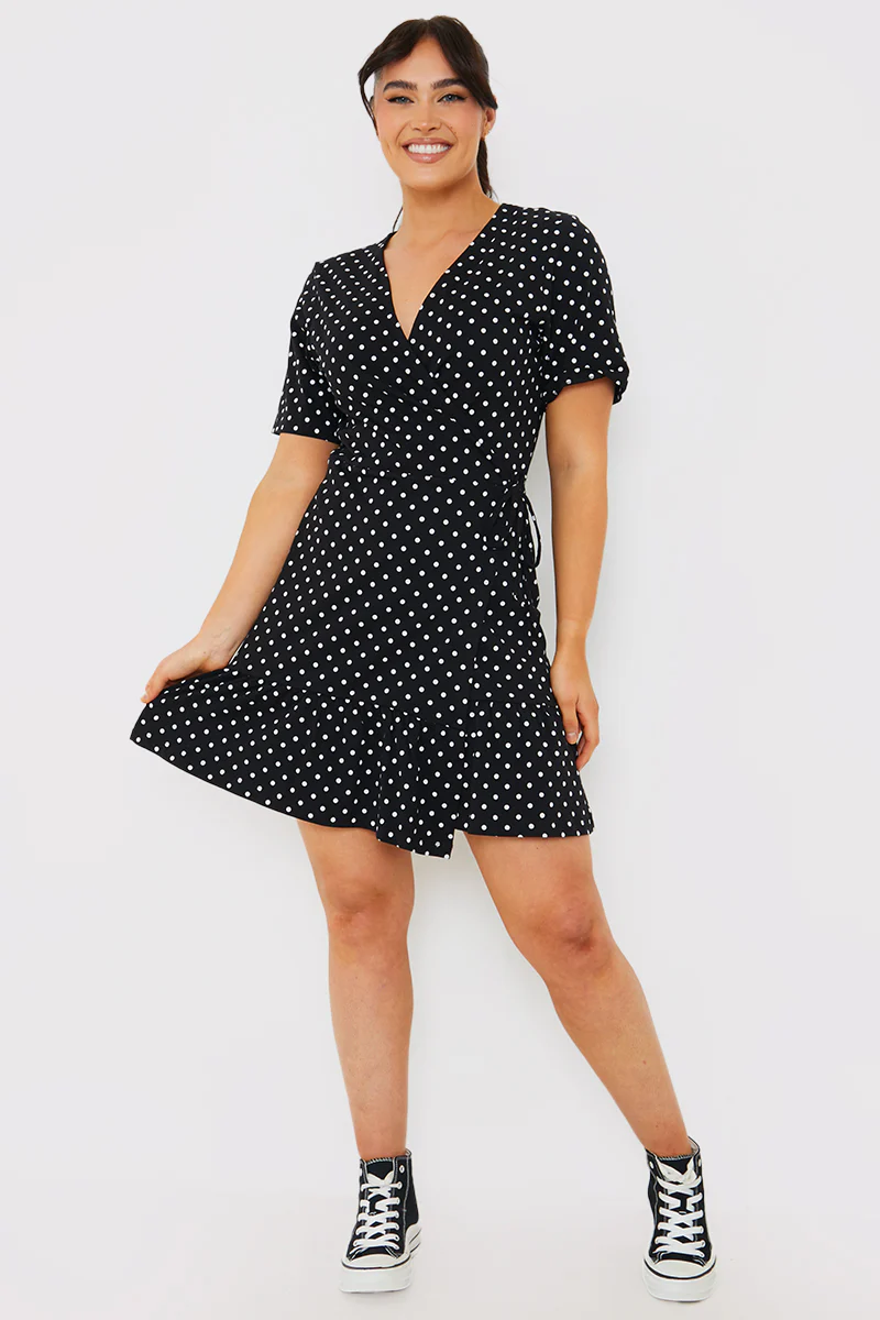 Polka Dot Print Short Sleeve Wrap Swing Dress - Image 2