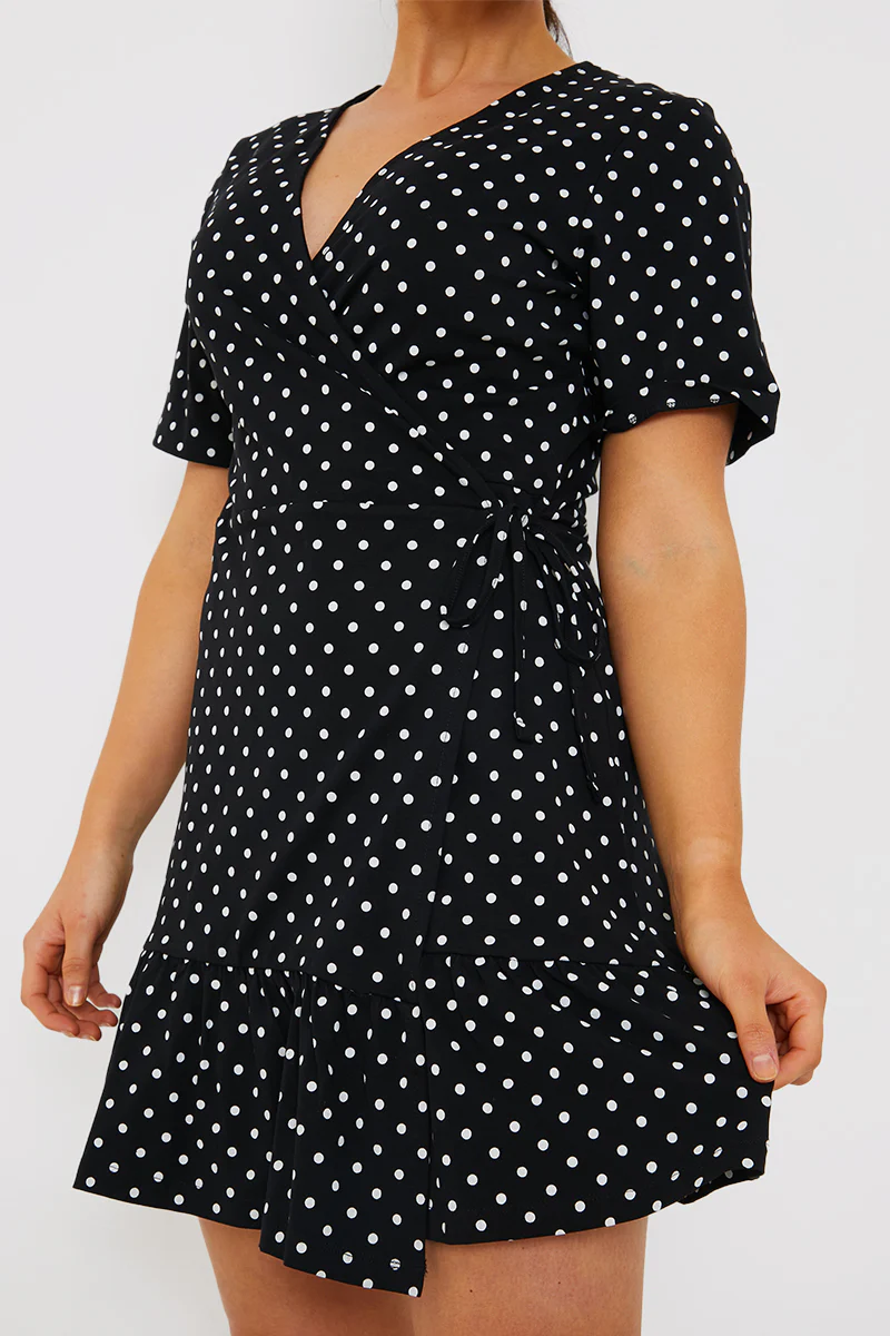 Polka Dot Print Short Sleeve Wrap Swing Dress - Image 3