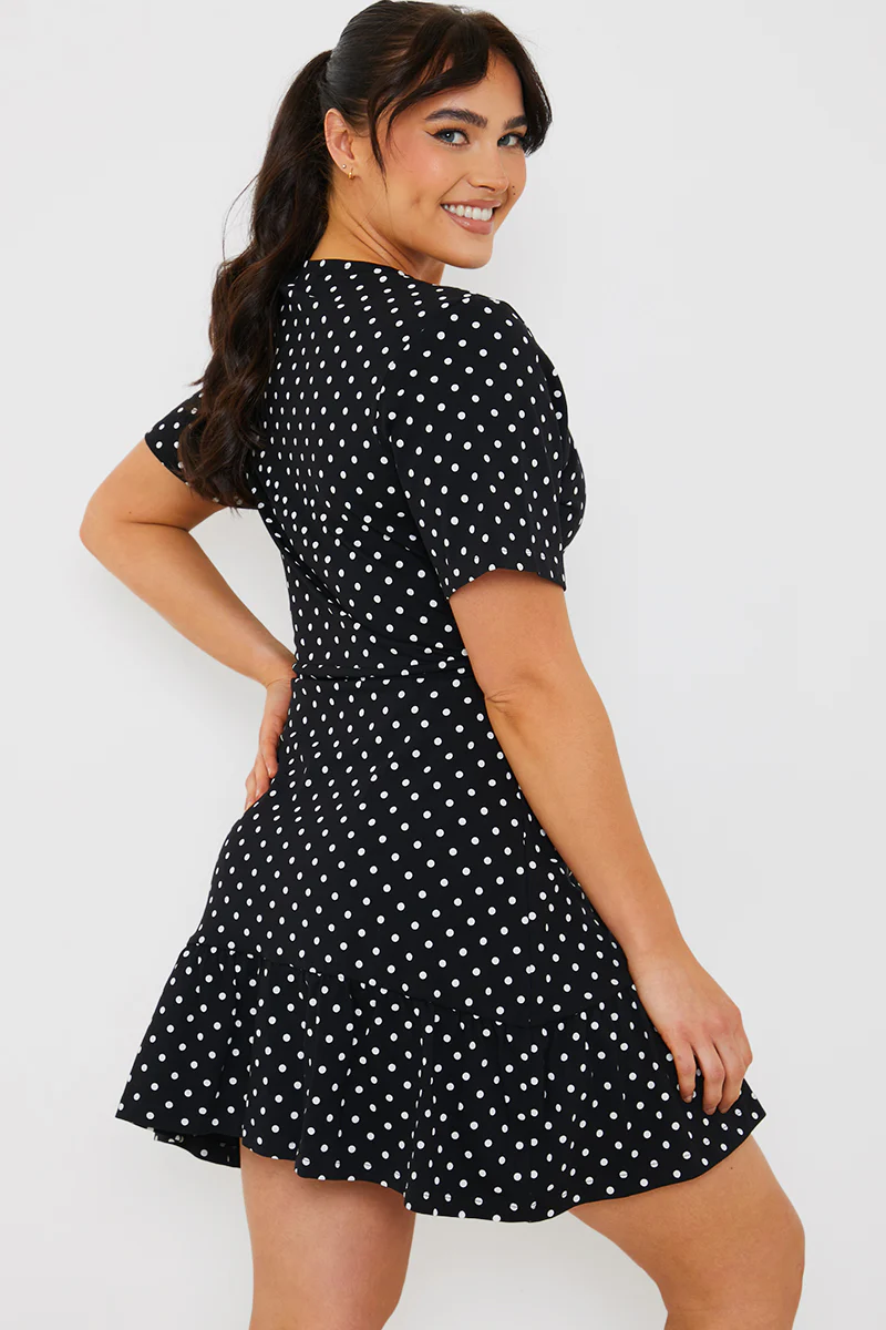 Polka Dot Print Short Sleeve Wrap Swing Dress - Image 4