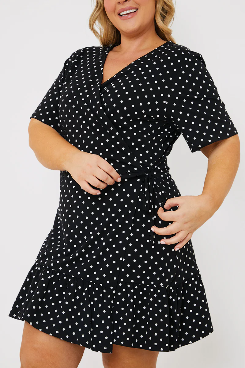 Polka Dot Print Short Sleeve Wrap Swing Dress - Image 7