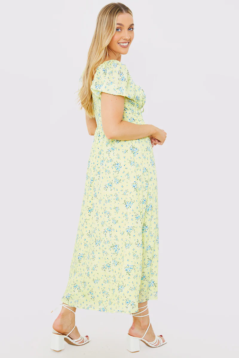 Printed Gathered Bust Puff Sleeve Midi Dress - Image 3