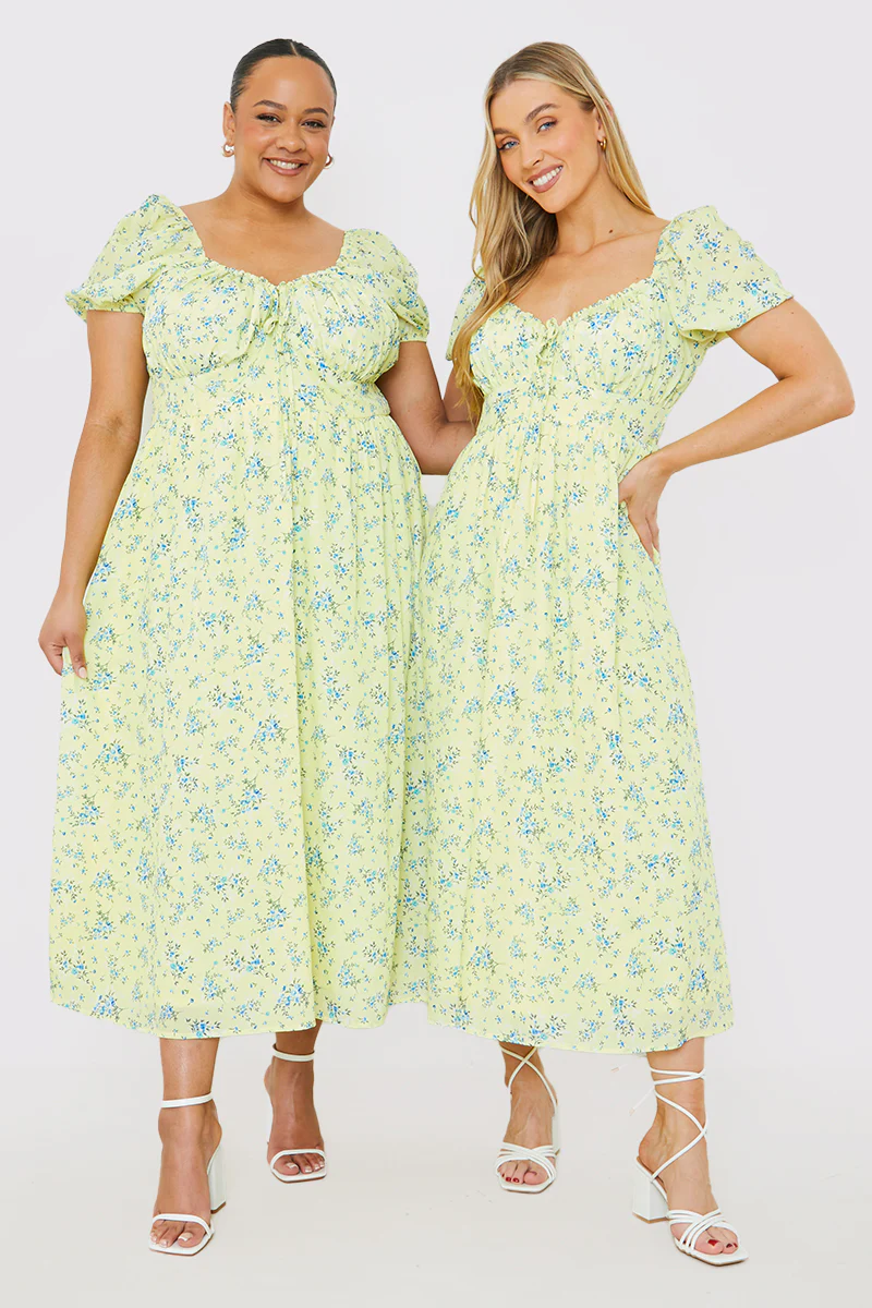 Printed Gathered Bust Puff Sleeve Midi Dress - Image 4