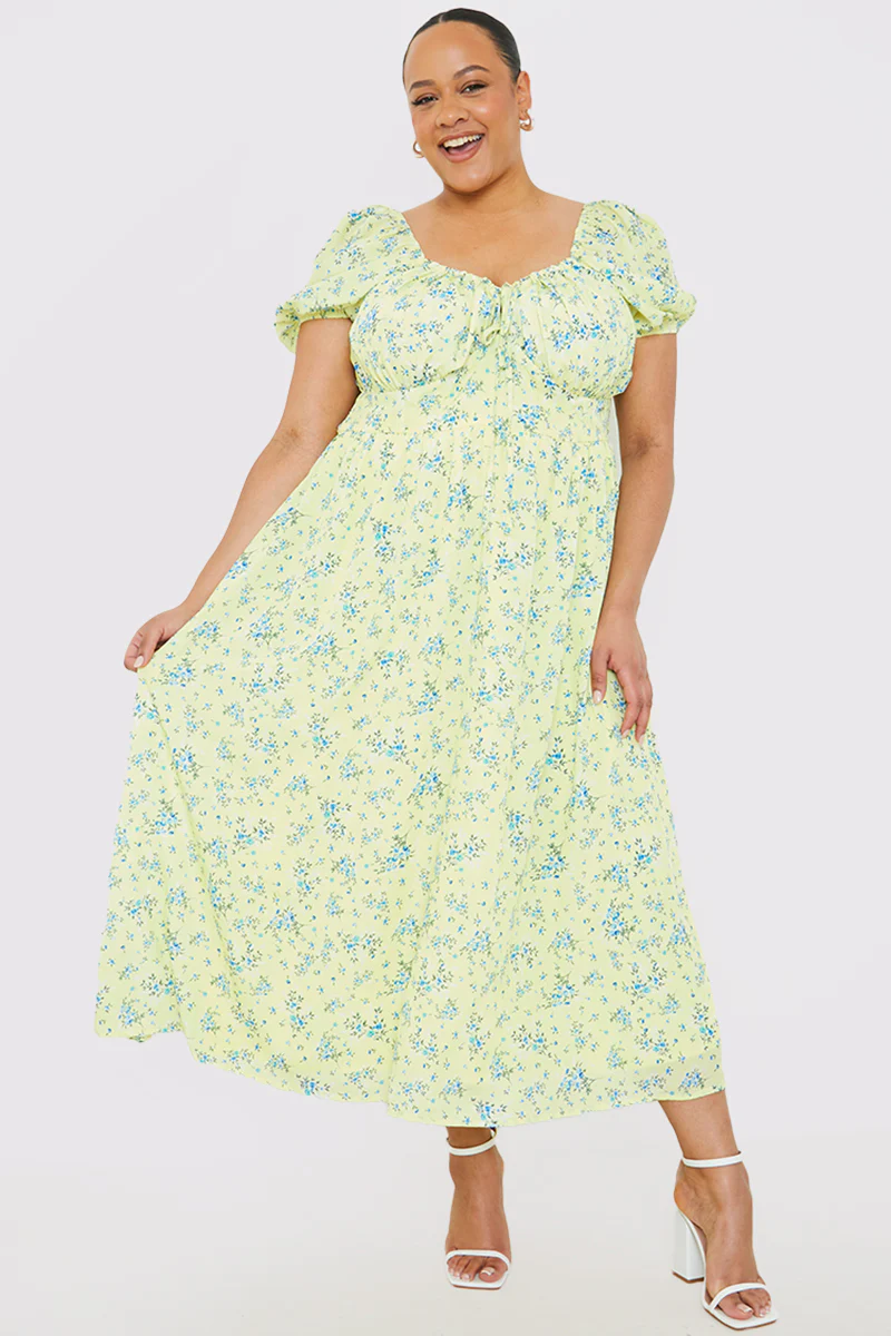 Printed Gathered Bust Puff Sleeve Midi Dress - Image 5