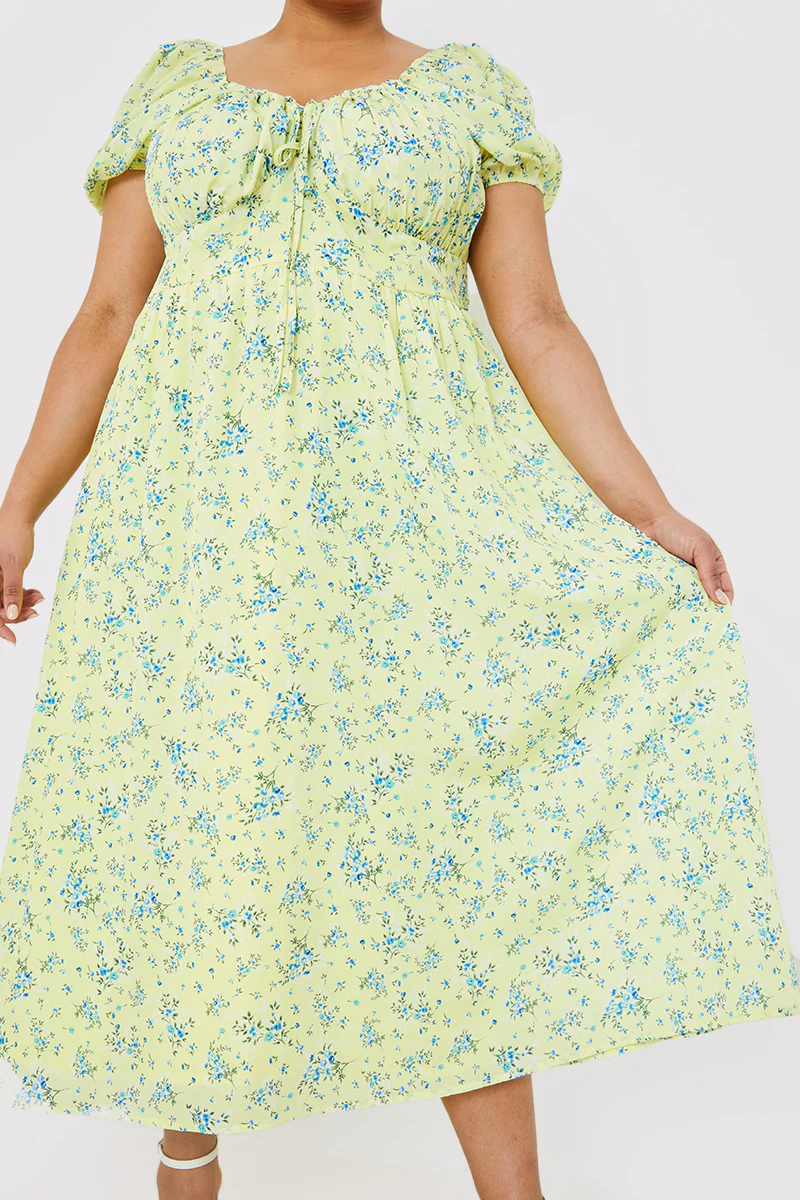 Printed Gathered Bust Puff Sleeve Midi Dress - Image 6