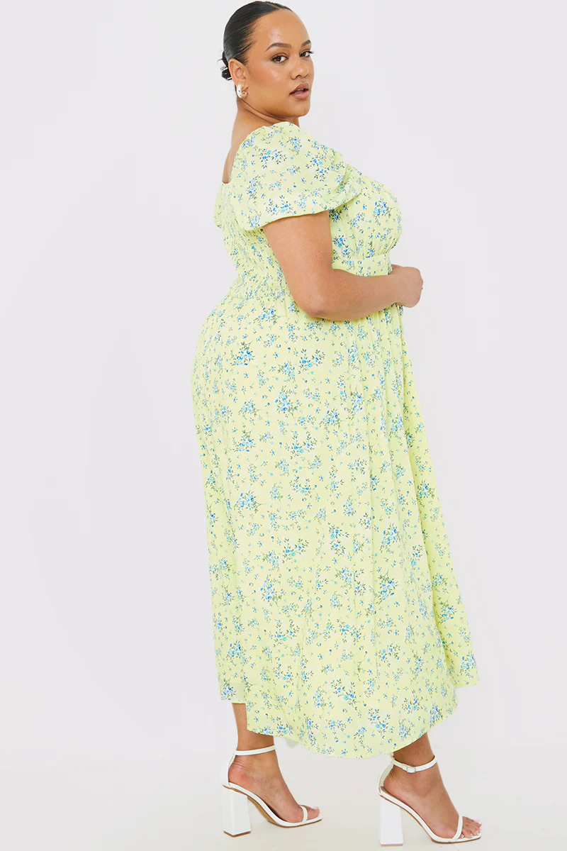 Printed Gathered Bust Puff Sleeve Midi Dress - Image 7