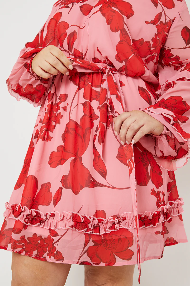 Floral Printed Chiffon Frill Detail Balloon Sleeve Mini Dress - Image 3