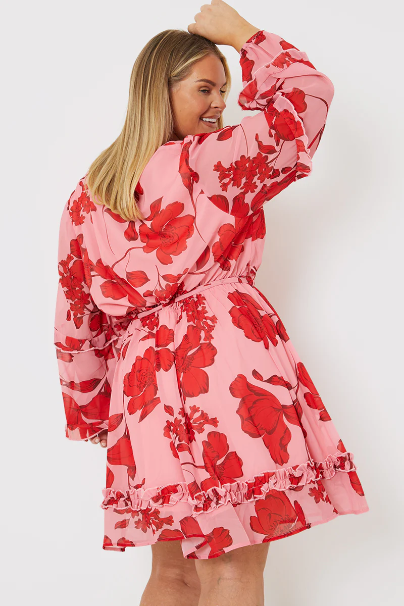 Floral Printed Chiffon Frill Detail Balloon Sleeve Mini Dress - Image 4