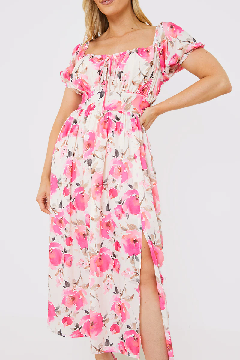 Printed Gathered Bust Puff Sleeve Midi Dress - Image 2