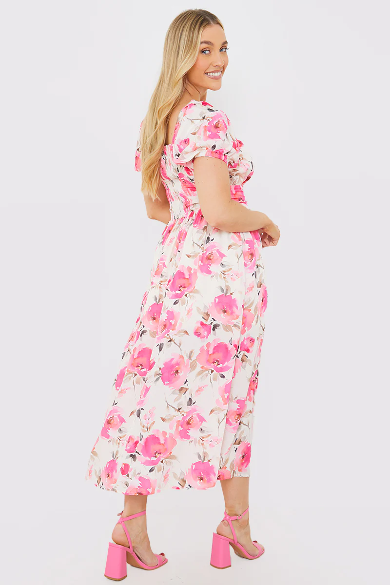Printed Gathered Bust Puff Sleeve Midi Dress - Image 3
