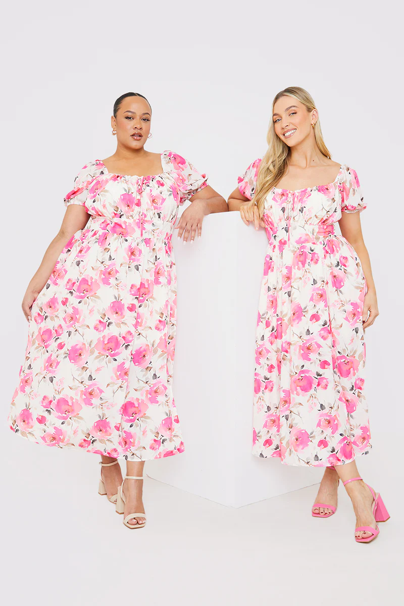 Printed Gathered Bust Puff Sleeve Midi Dress - Image 4