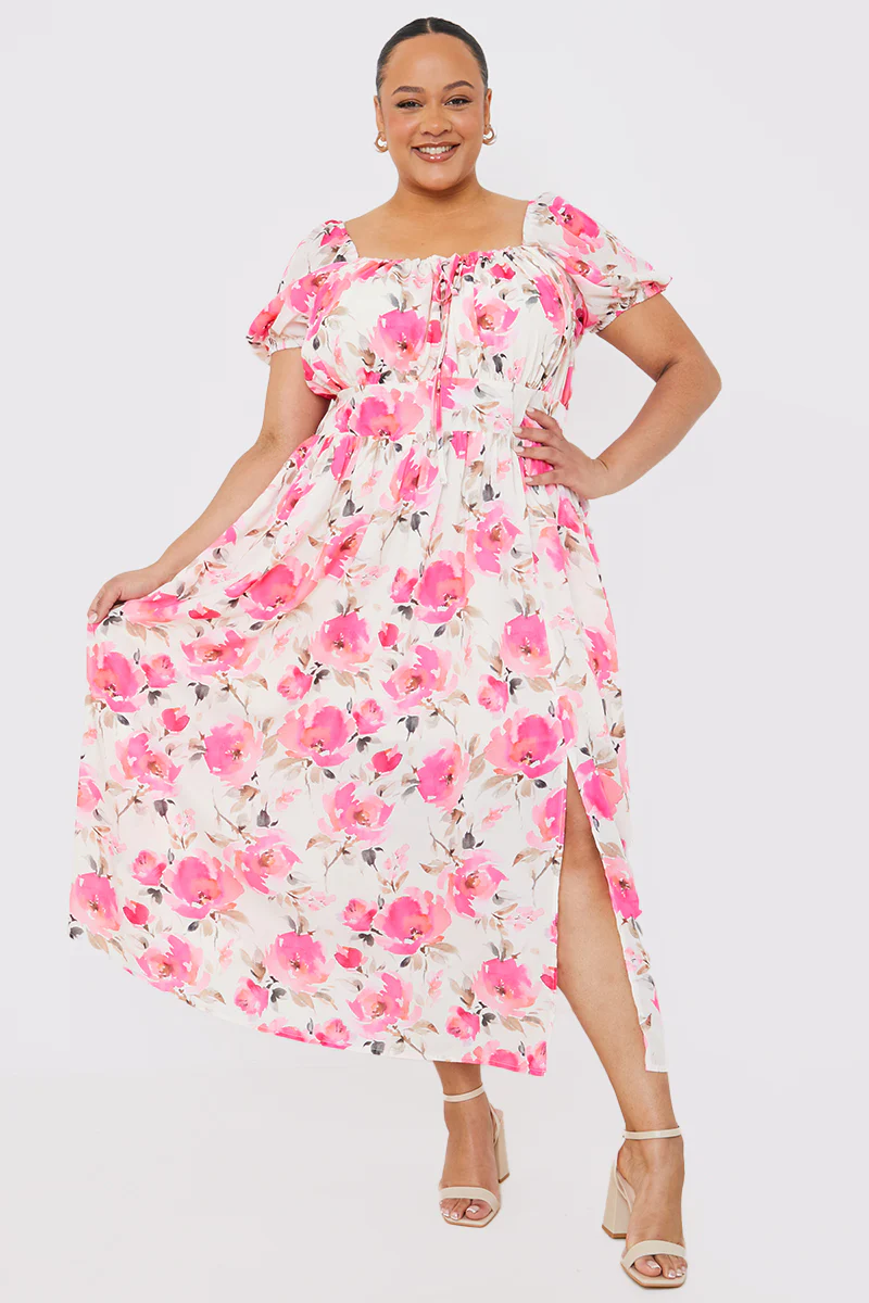 Printed Gathered Bust Puff Sleeve Midi Dress - Image 5