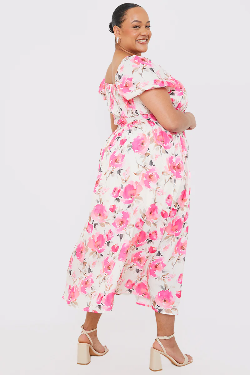 Printed Gathered Bust Puff Sleeve Midi Dress - Image 7