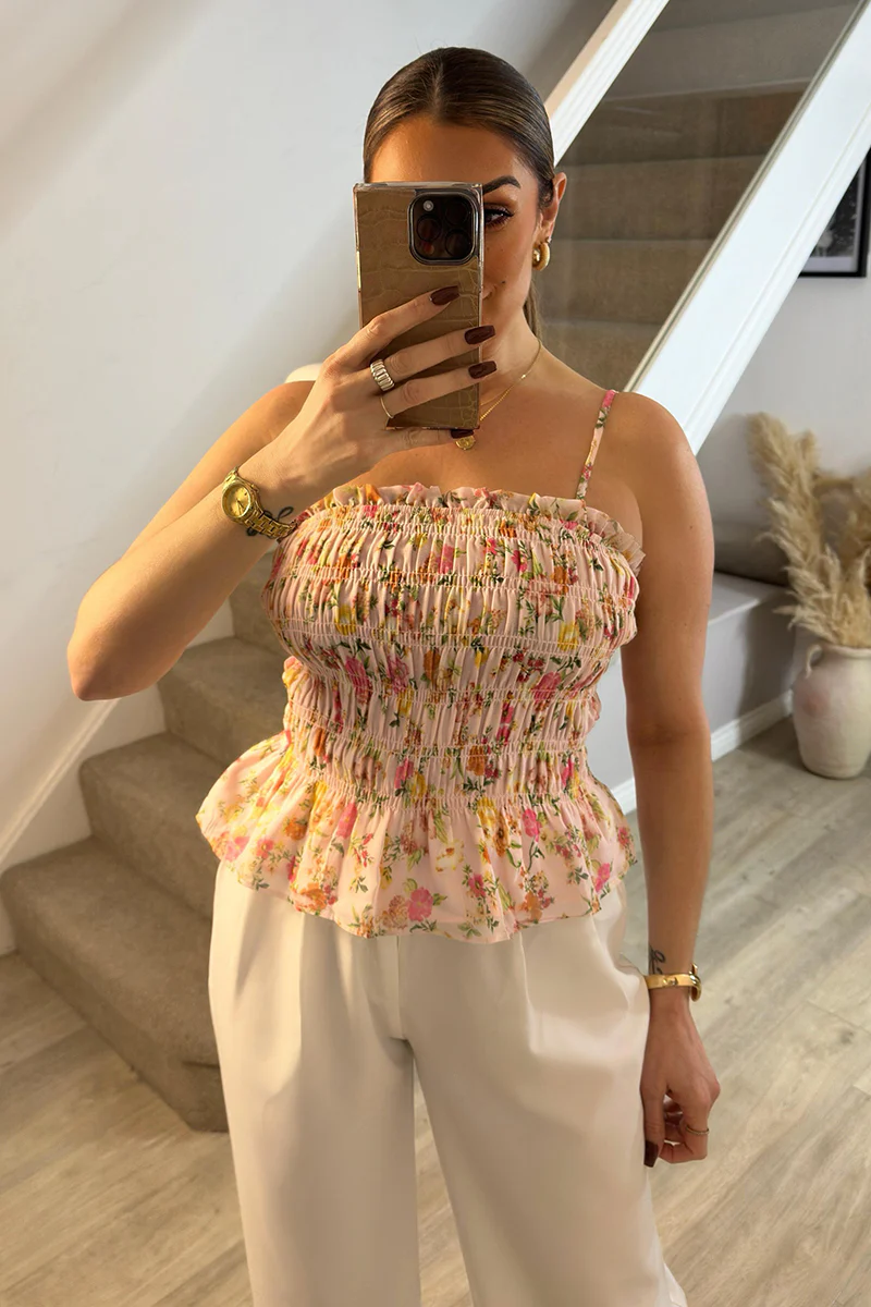 Pink Floral Print Shirred Cami Top - Image 5