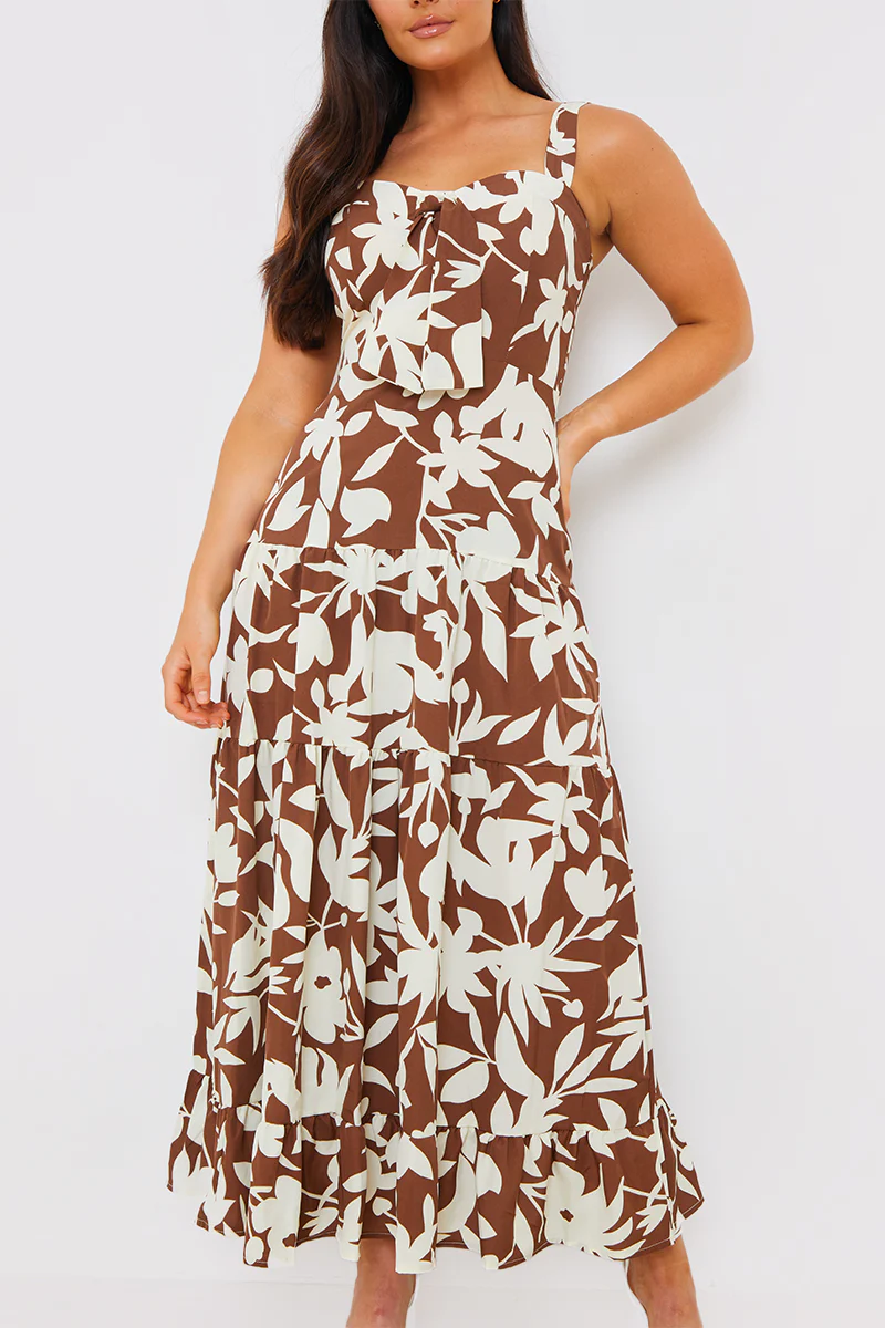 Floral Printed Tie Bust Tiered Maxi Dress - Image 2