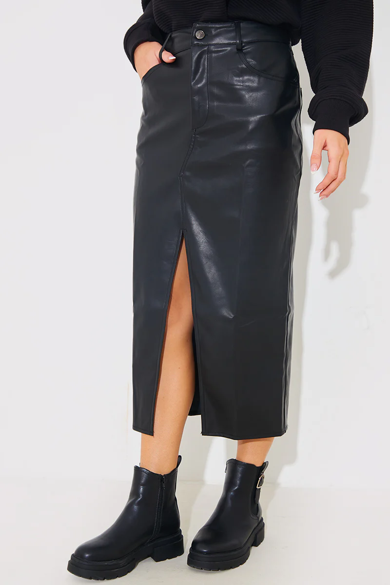 Leather Look Split Front Midi Skirt - Image 2