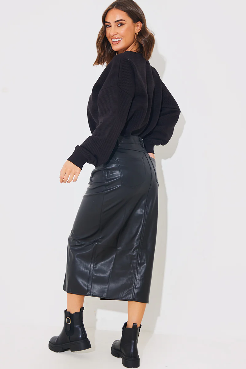 Leather Look Split Front Midi Skirt - Image 3