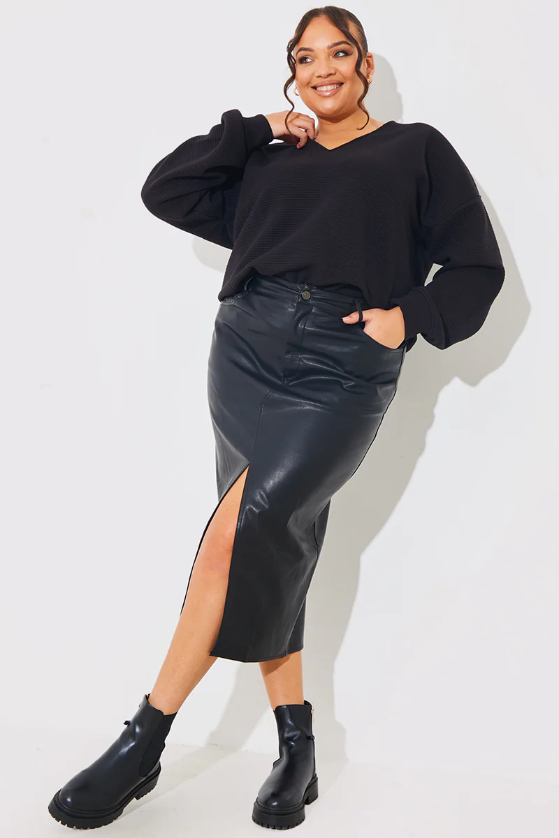 Leather Look Split Front Midi Skirt - Image 4