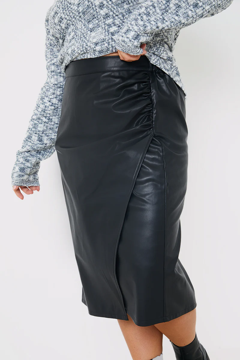 Leather Look Side Split Midi Skirt - Image 2