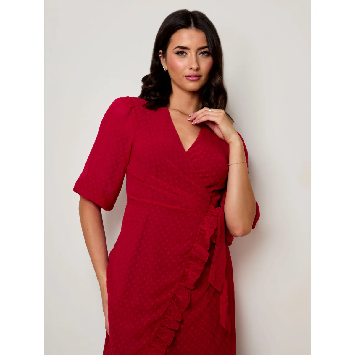 Puff Sleeve Dobby Ruffle Wrap Mini Dress in Red - Image 2