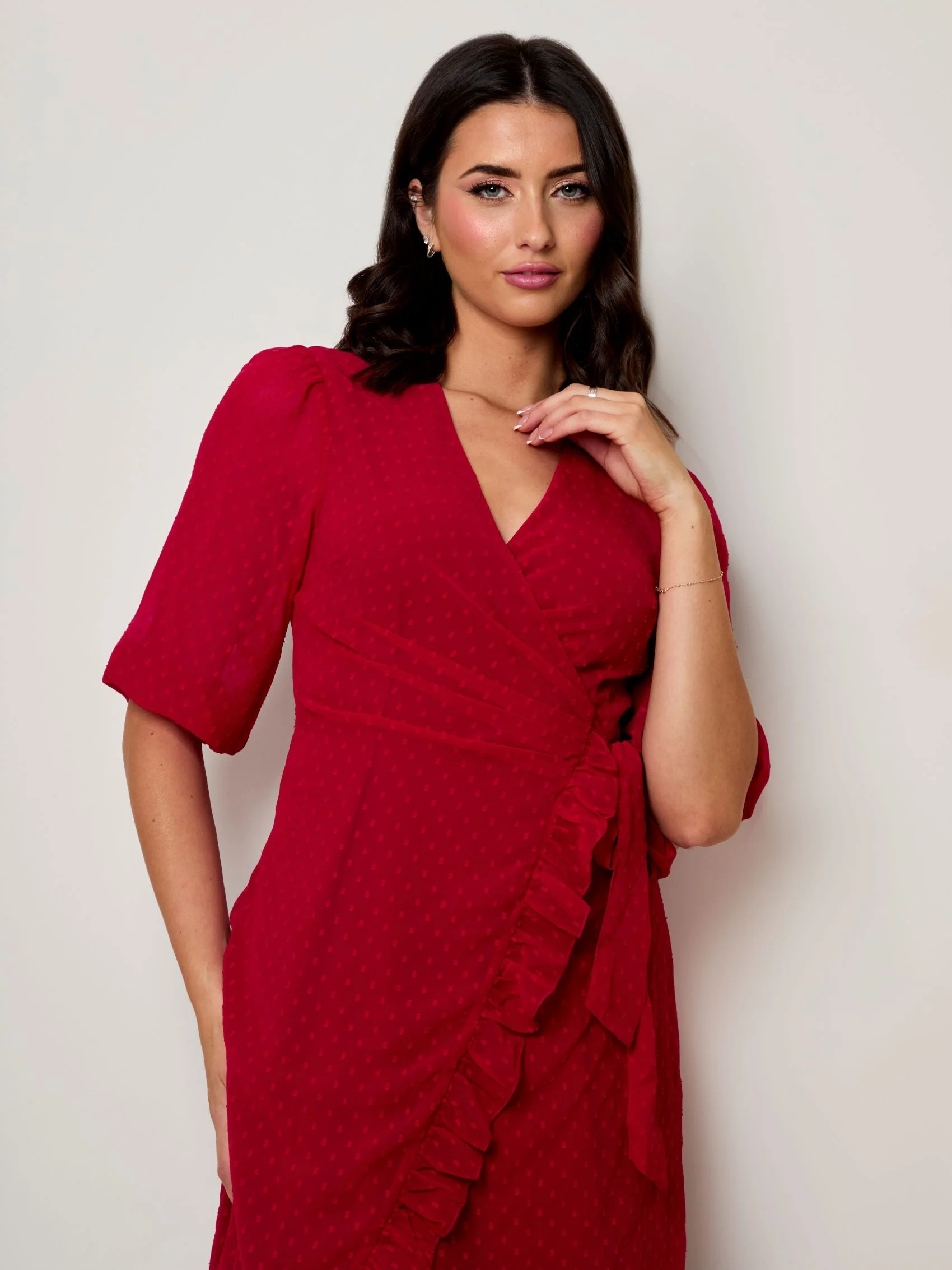 Puff Sleeve Dobby Ruffle Wrap Mini Dress in Red - Image 3