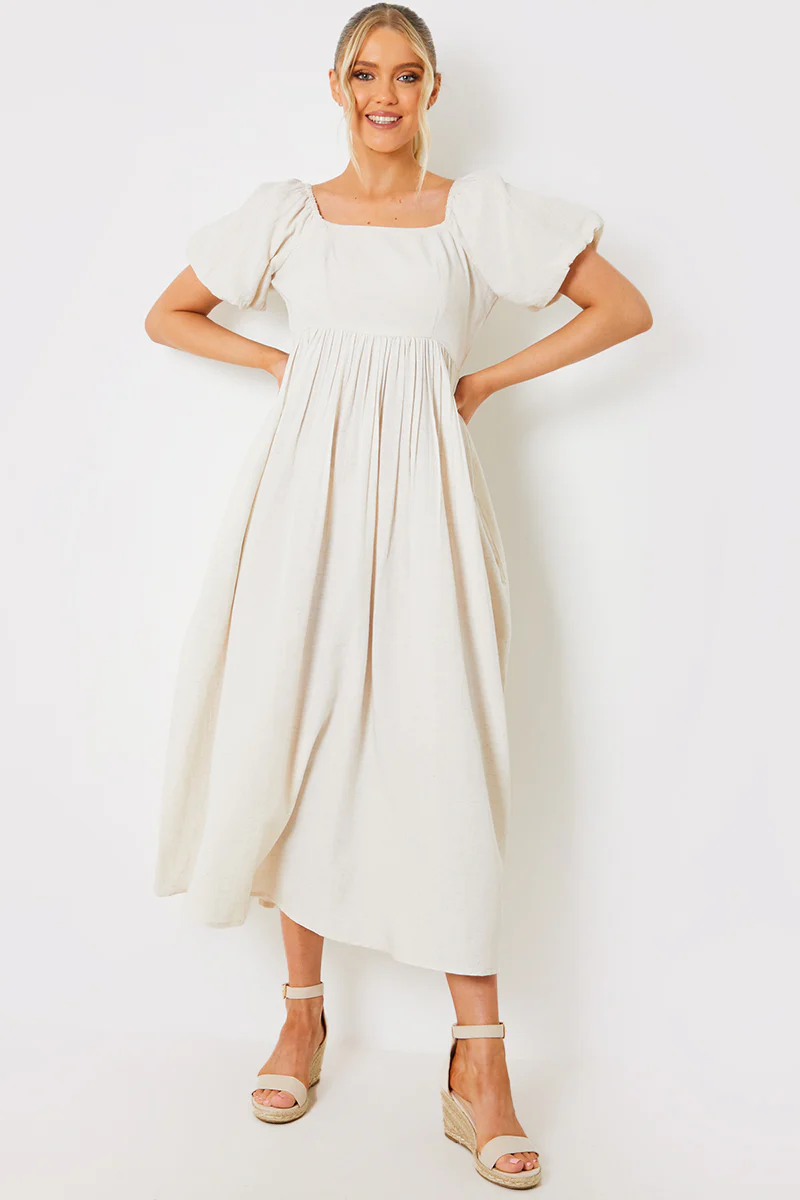 Linen Blend Puff Sleeve Square Neck Midaxi Dress