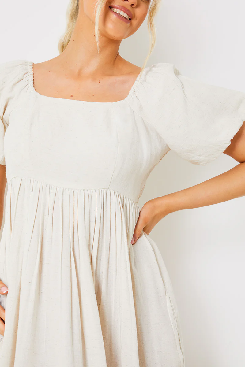 Linen Blend Puff Sleeve Square Neck Midaxi Dress - Image 2