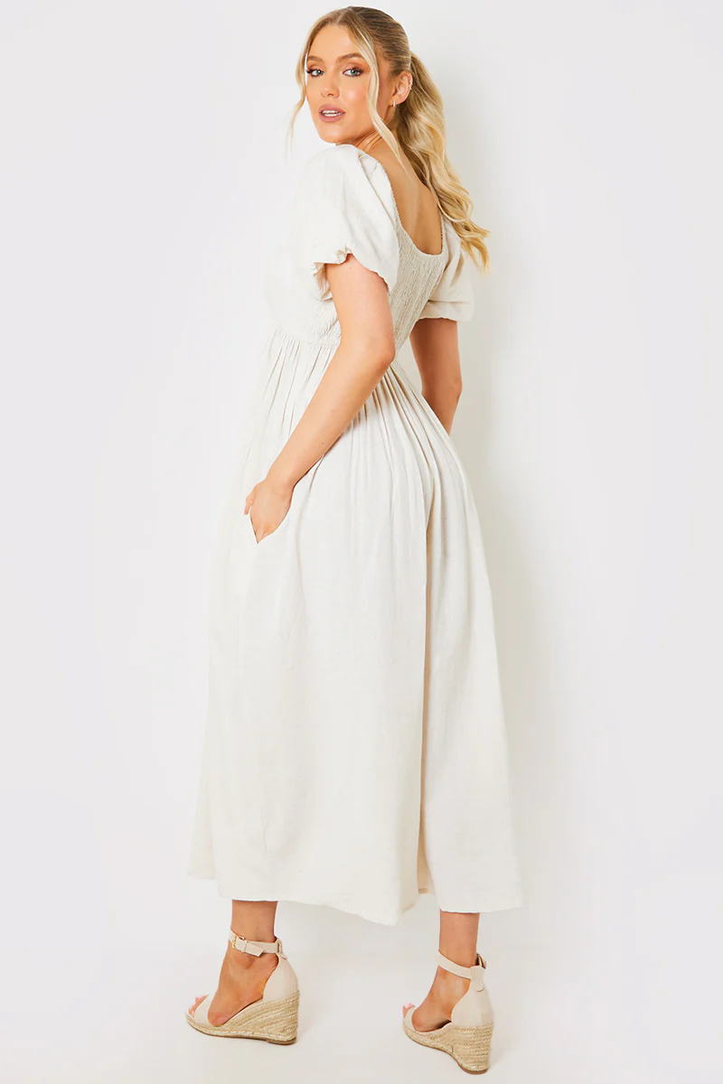 Linen Blend Puff Sleeve Square Neck Midaxi Dress - Image 3